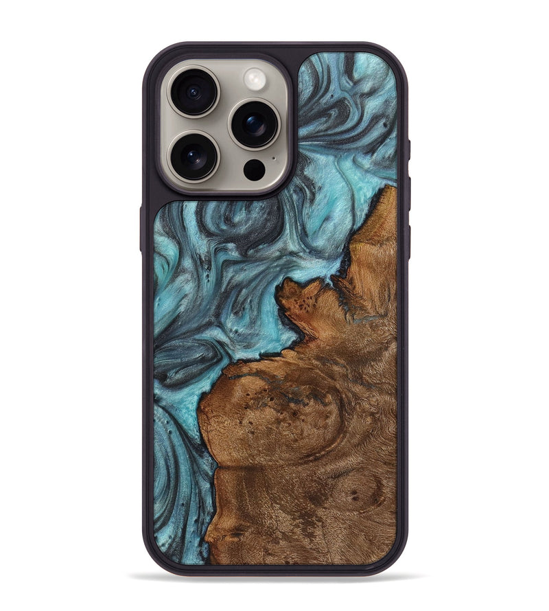 iPhone 15 Pro Max Wood+Resin Phone Case - Henrietta (Teal & Gold, 720139)