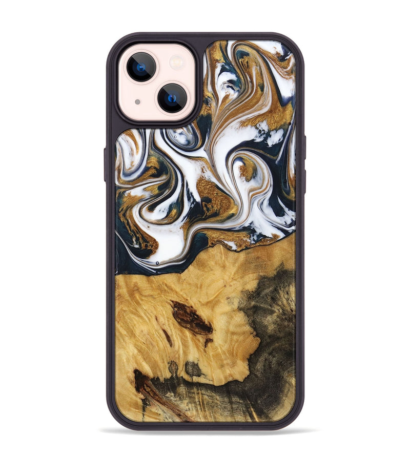 iPhone 14 Plus Wood+Resin Phone Case - Marisol (Teal & Gold, 720145)