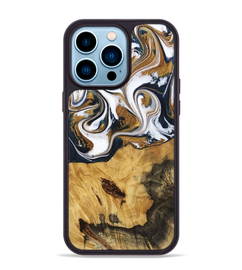 iPhone 14 Pro Max Wood+Resin Phone Case - Marisol (Teal & Gold, 720145)