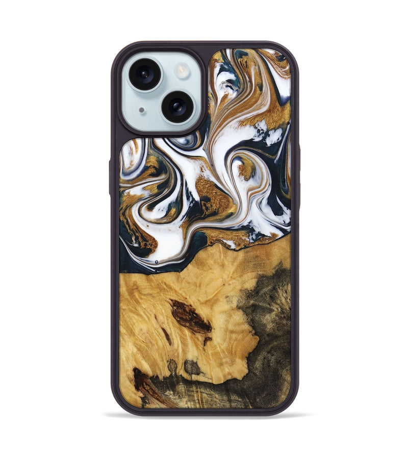 iPhone 15 Wood+Resin Phone Case - Marisol (Teal & Gold, 720145)