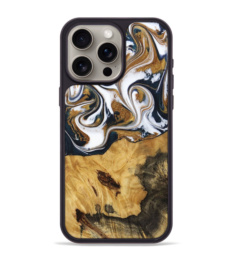 iPhone 15 Pro Max Wood+Resin Phone Case - Marisol (Teal & Gold, 720145)