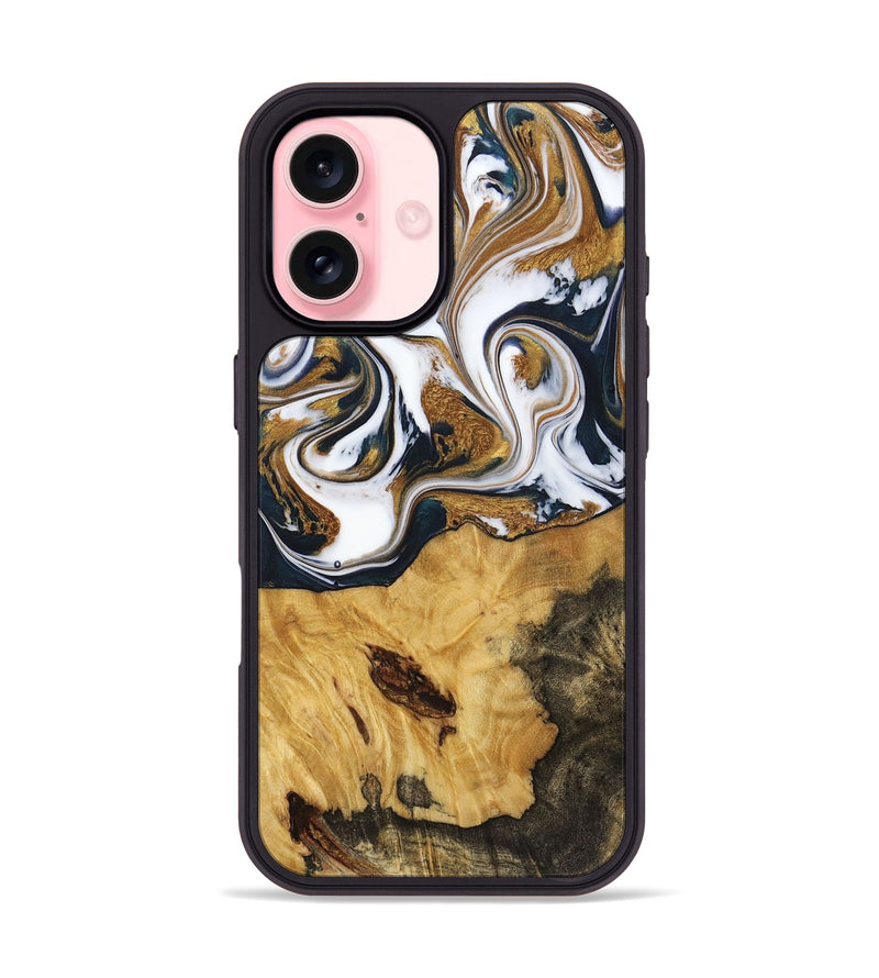 iPhone 16 Wood+Resin Phone Case - Marisol (Teal & Gold, 720145)