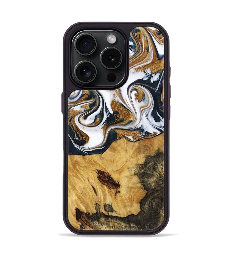 iPhone 16 Pro Wood+Resin Phone Case - Marisol (Teal & Gold, 720145)