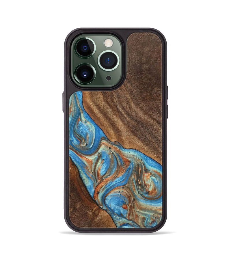 iPhone 13 Pro Wood+Resin Phone Case - Carole (Teal & Gold, 720146)