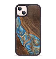 iPhone 14 Plus Wood+Resin Phone Case - Carole (Teal & Gold, 720146)