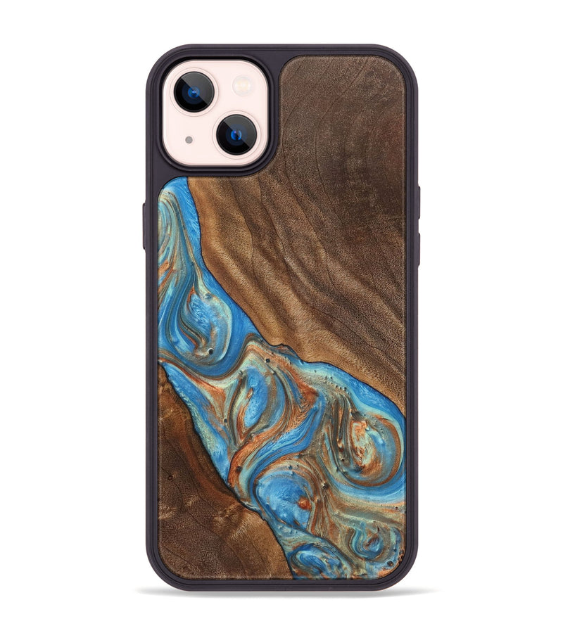 iPhone 14 Plus Wood+Resin Phone Case - Carole (Teal & Gold, 720146)