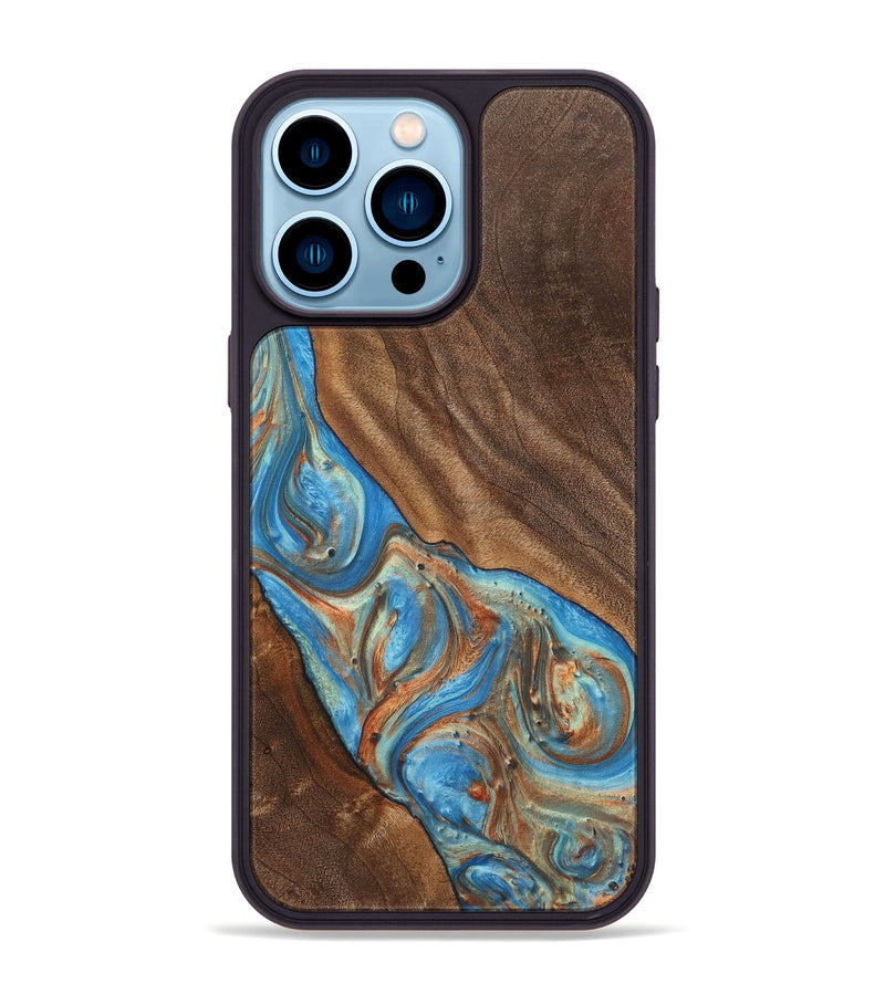 iPhone 14 Pro Max Wood+Resin Phone Case - Carole (Teal & Gold, 720146)