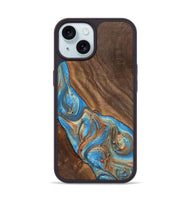 iPhone 15 Wood+Resin Phone Case - Carole (Teal & Gold, 720146)