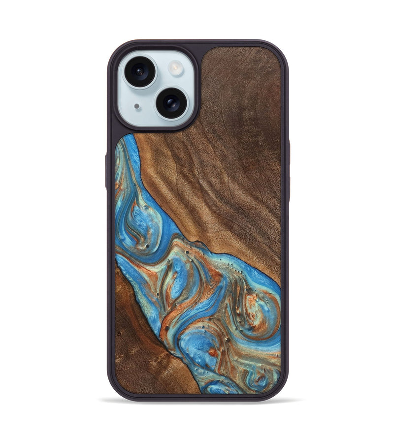 iPhone 15 Wood+Resin Phone Case - Carole (Teal & Gold, 720146)