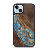 iPhone 15 Plus Wood+Resin Phone Case - Carole (Teal & Gold, 720146)