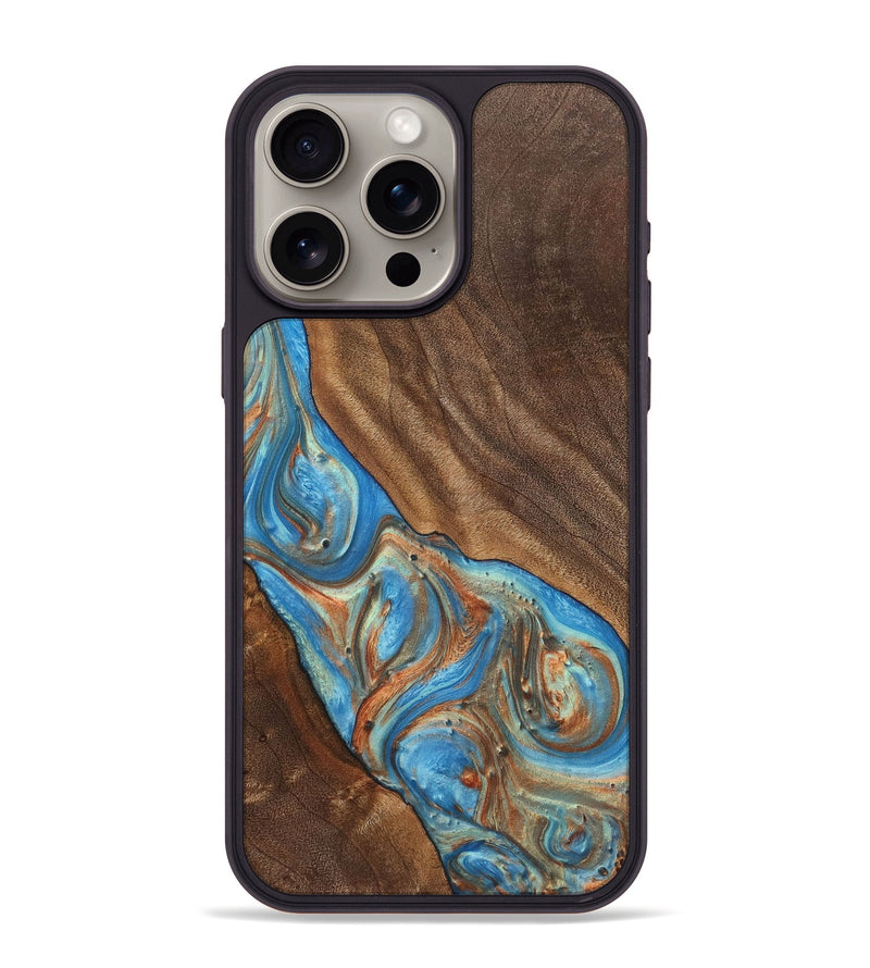 iPhone 15 Pro Max Wood+Resin Phone Case - Carole (Teal & Gold, 720146)