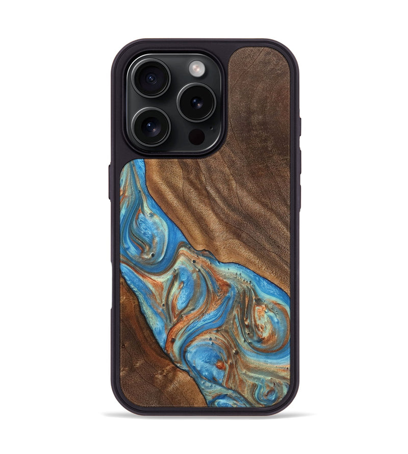 iPhone 16 Pro Wood+Resin Phone Case - Carole (Teal & Gold, 720146)