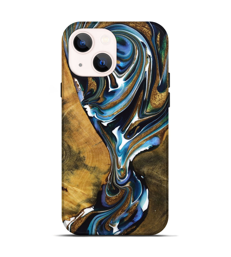 iPhone 14 Wood+Resin Live Edge Phone Case - Samuel (Teal & Gold, 720751)