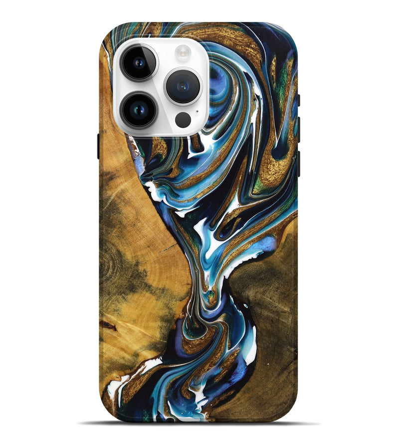 iPhone 15 Pro Max Wood+Resin Live Edge Phone Case - Samuel (Teal & Gold, 720751)