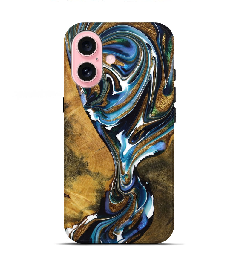 iPhone 16 Wood+Resin Live Edge Phone Case - Samuel (Teal & Gold, 720751)