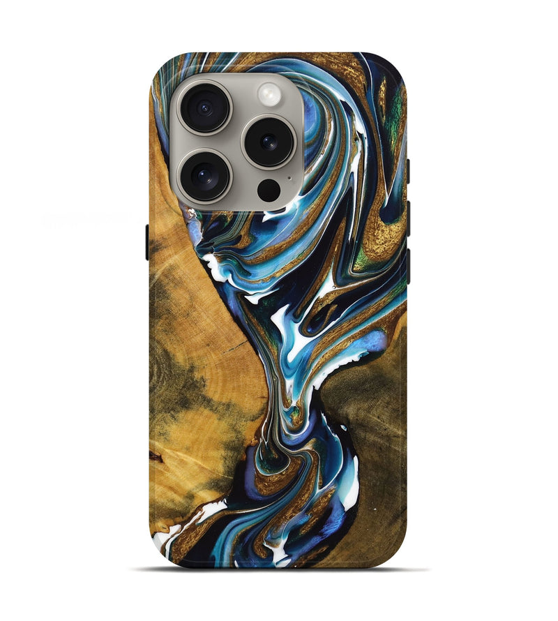 iPhone 16 Pro Wood+Resin Live Edge Phone Case - Samuel (Teal & Gold, 720751)