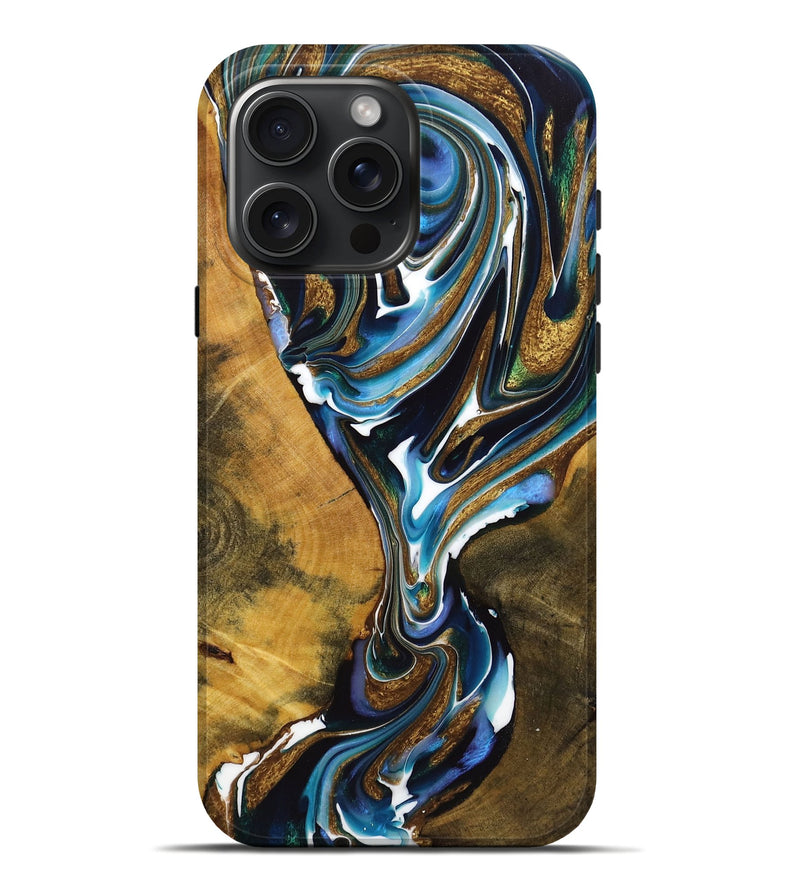 iPhone 16 Pro Max Wood+Resin Live Edge Phone Case - Samuel (Teal & Gold, 720751)