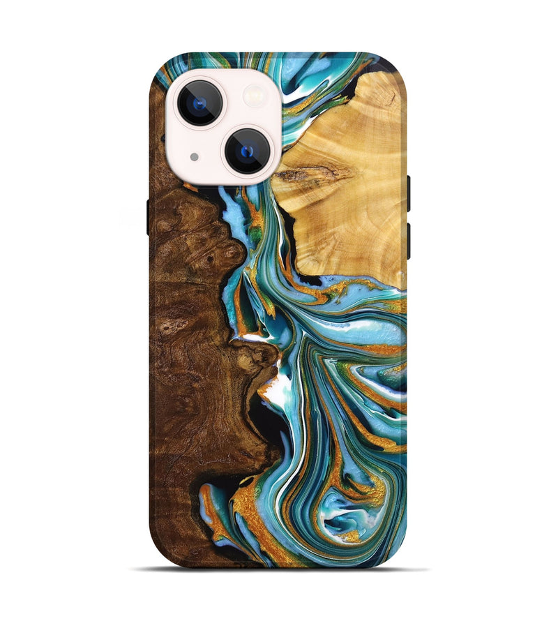 iPhone 14 Wood+Resin Live Edge Phone Case - Jeannine (Teal & Gold, 720752)