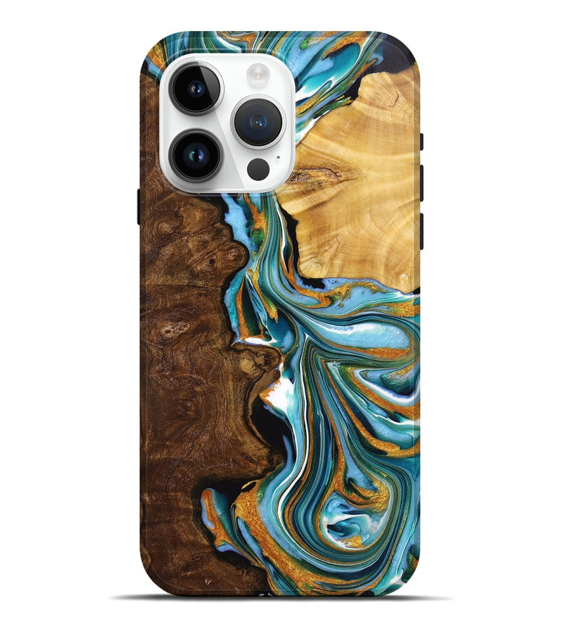 iPhone 15 Pro Max Wood+Resin Live Edge Phone Case - Jeannine (Teal & Gold, 720752)