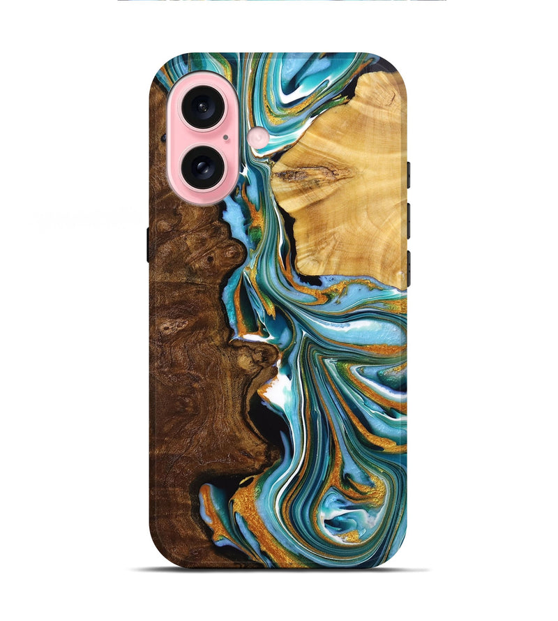 iPhone 16 Wood+Resin Live Edge Phone Case - Jeannine (Teal & Gold, 720752)