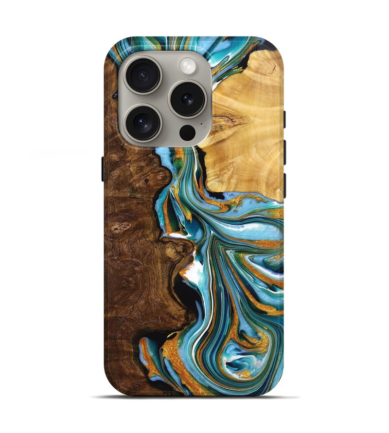 iPhone 16 Pro Wood+Resin Live Edge Phone Case - Jeannine (Teal & Gold, 720752)