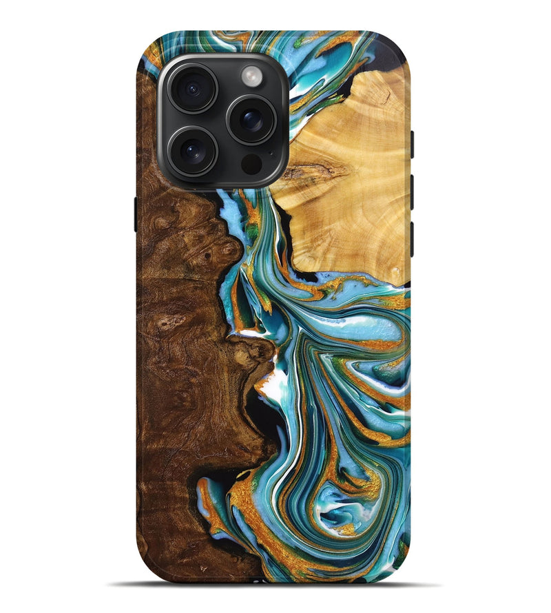 iPhone 16 Pro Max Wood+Resin Live Edge Phone Case - Jeannine (Teal & Gold, 720752)