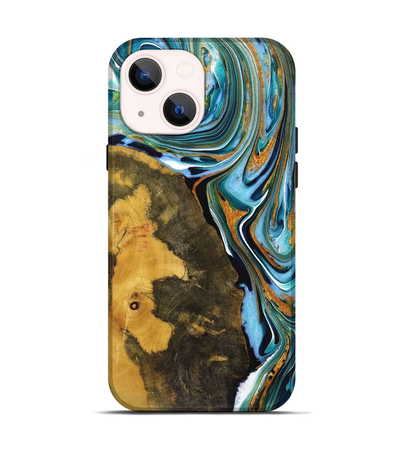 iPhone 14 Wood+Resin Live Edge Phone Case - Cindy (Teal & Gold, 720754)