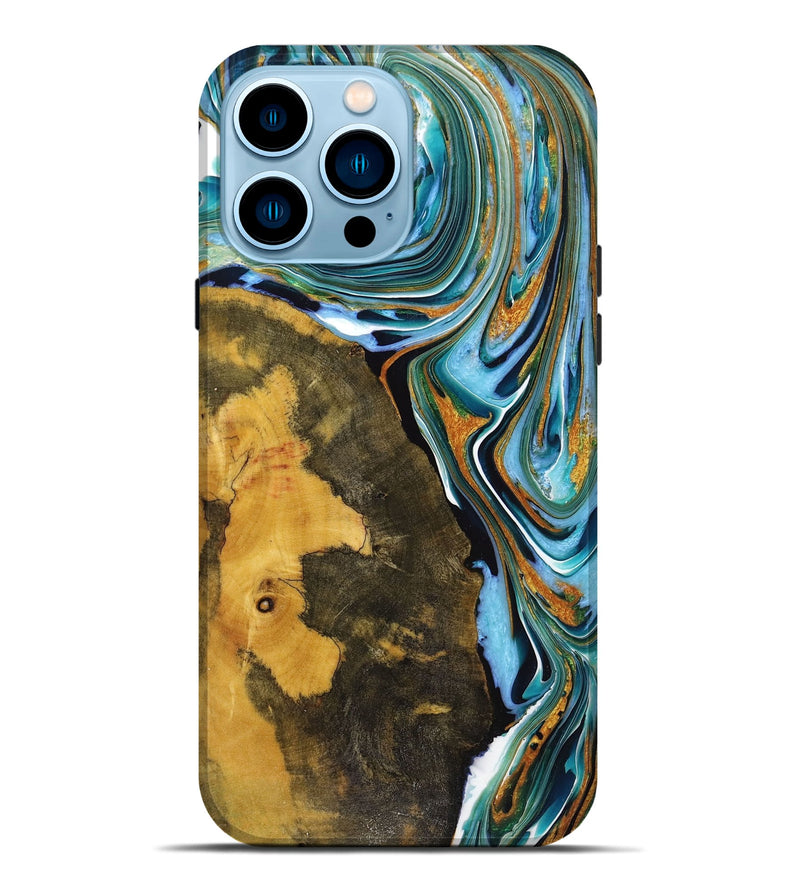 iPhone 14 Pro Max Wood+Resin Live Edge Phone Case - Cindy (Teal & Gold, 720754)