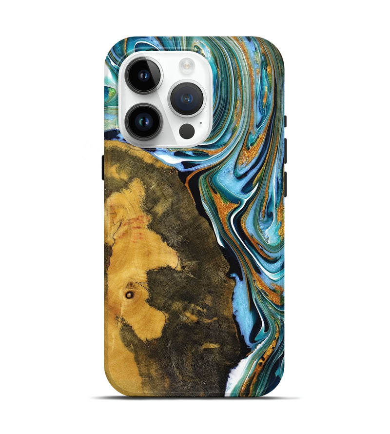 iPhone 15 Pro Wood+Resin Live Edge Phone Case - Cindy (Teal & Gold, 720754)