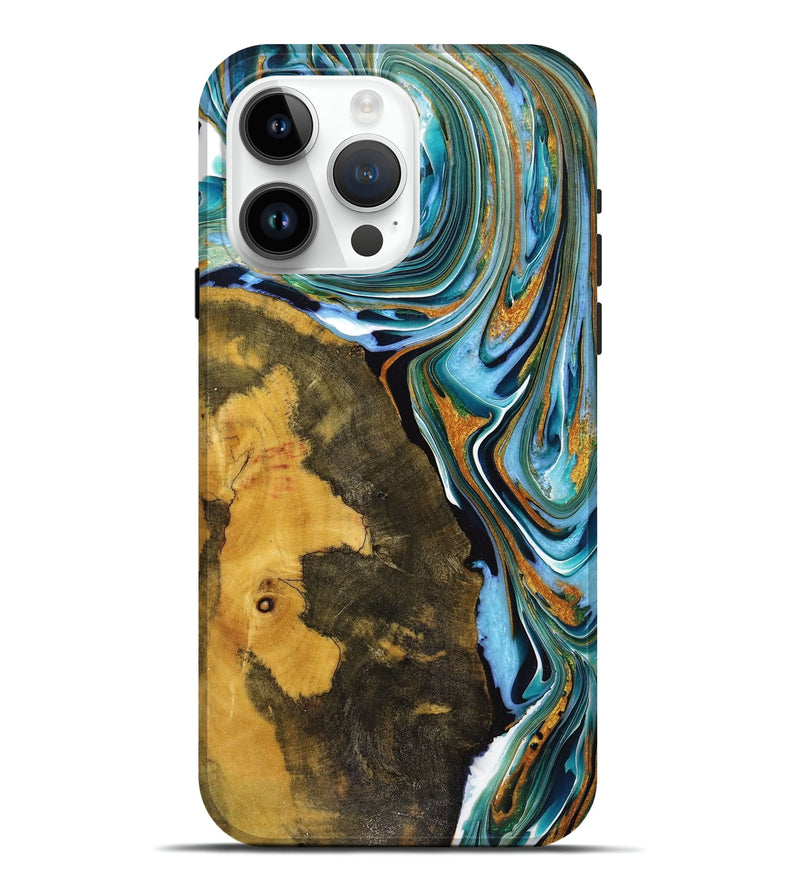 iPhone 15 Pro Max Wood+Resin Live Edge Phone Case - Cindy (Teal & Gold, 720754)