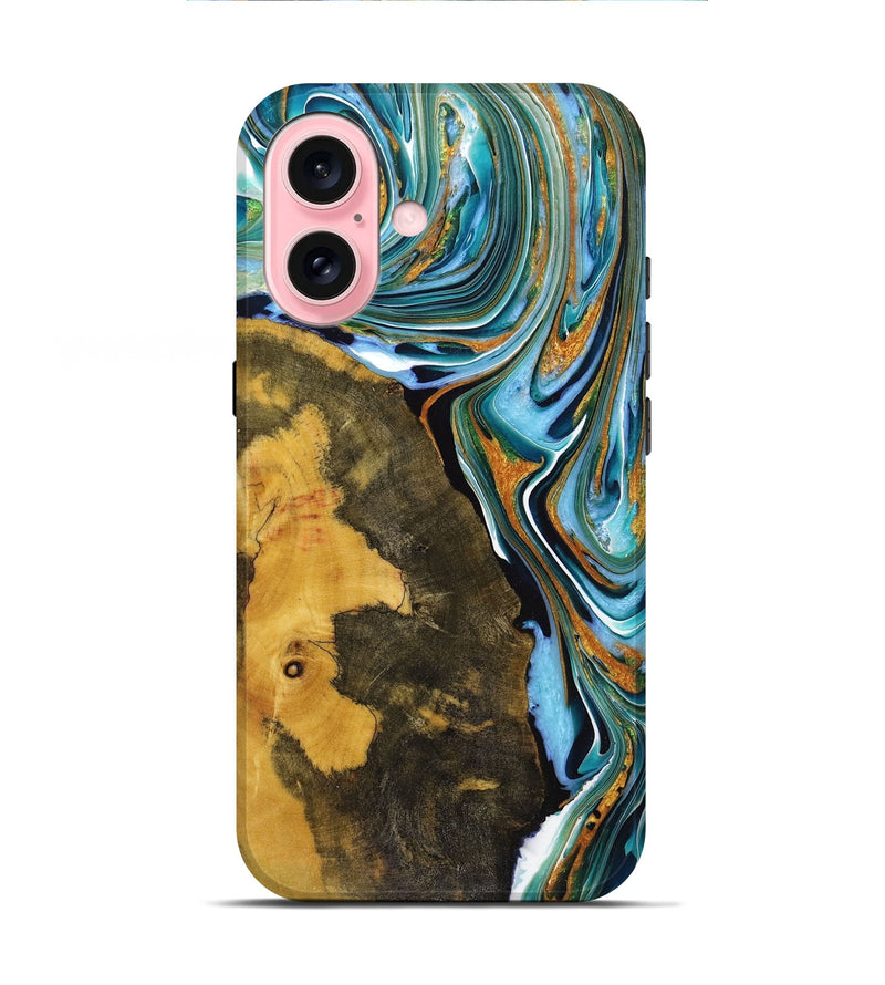 iPhone 16 Wood+Resin Live Edge Phone Case - Cindy (Teal & Gold, 720754)