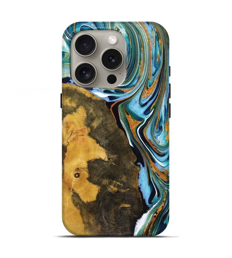 iPhone 16 Pro Wood+Resin Live Edge Phone Case - Cindy (Teal & Gold, 720754)