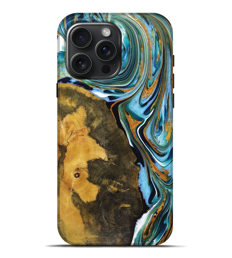 iPhone 16 Pro Max Wood+Resin Live Edge Phone Case - Cindy (Teal & Gold, 720754)