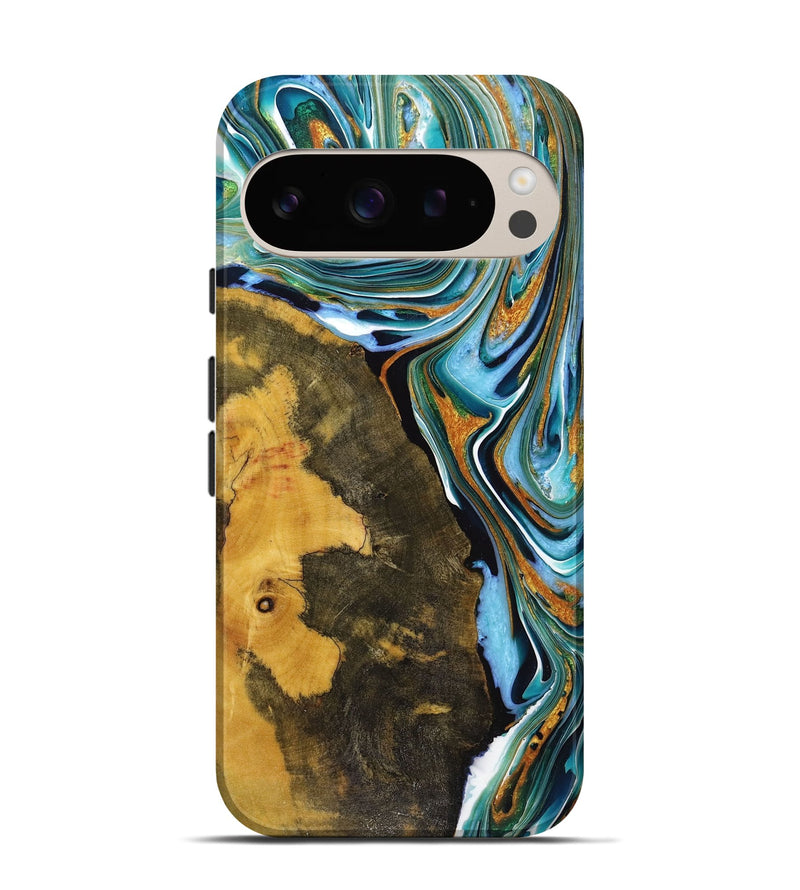 Pixel 9 Wood+Resin Live Edge Phone Case - Cindy (Teal & Gold, 720754)