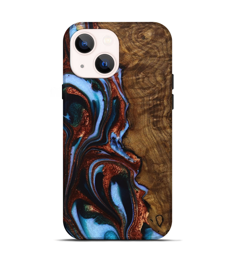 iPhone 14 Wood+Resin Live Edge Phone Case - Ramona (Teal & Gold, 720755)