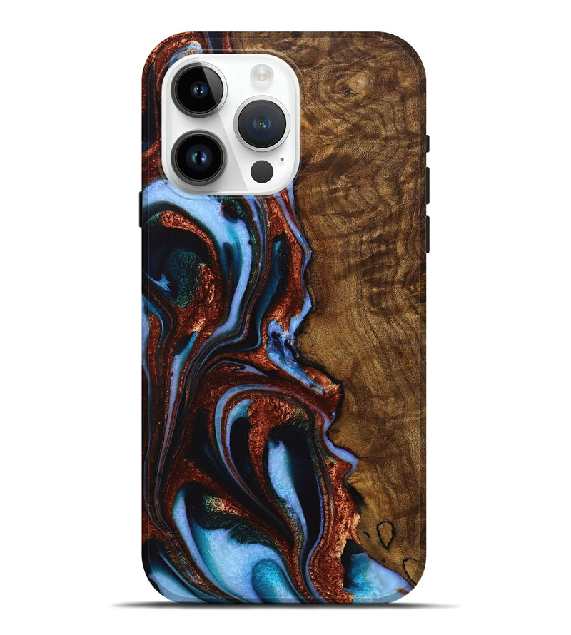 iPhone 15 Pro Max Wood+Resin Live Edge Phone Case - Ramona (Teal & Gold, 720755)