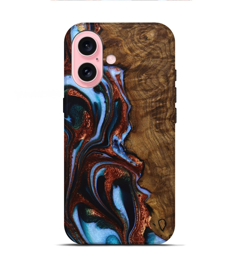 iPhone 16 Wood+Resin Live Edge Phone Case - Ramona (Teal & Gold, 720755)