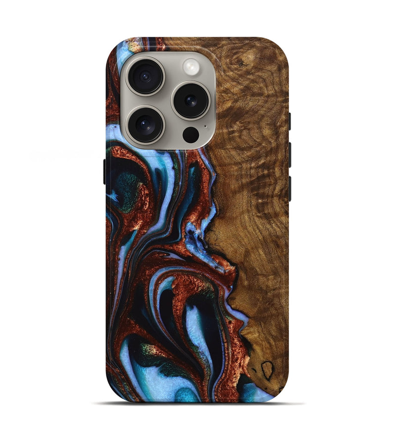 iPhone 16 Pro Wood+Resin Live Edge Phone Case - Ramona (Teal & Gold, 720755)