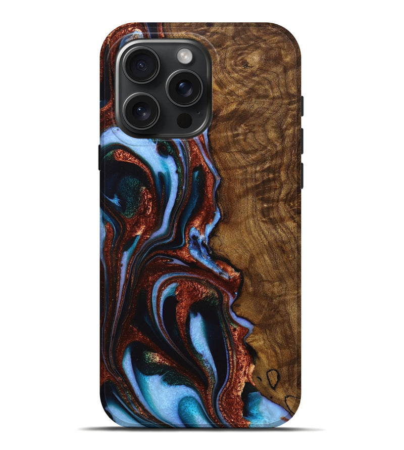 iPhone 16 Pro Max Wood+Resin Live Edge Phone Case - Ramona (Teal & Gold, 720755)