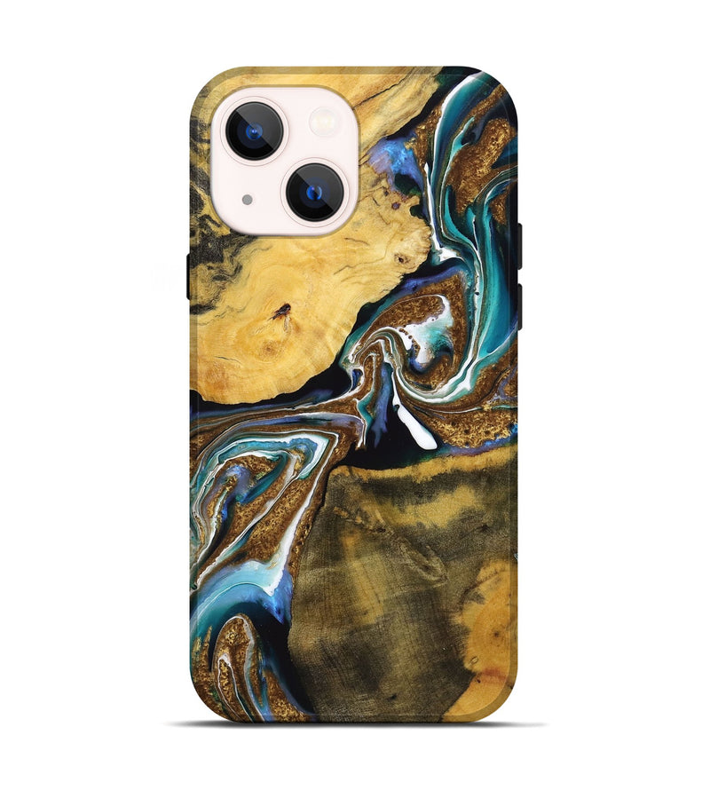 iPhone 14 Wood+Resin Live Edge Phone Case - Kade (Teal & Gold, 720756)