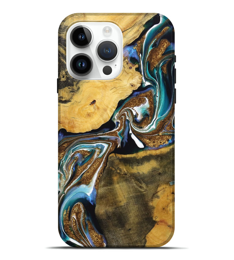 iPhone 15 Pro Max Wood+Resin Live Edge Phone Case - Kade (Teal & Gold, 720756)