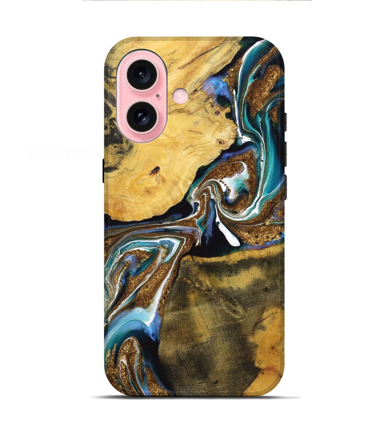 iPhone 16 Wood+Resin Live Edge Phone Case - Kade (Teal & Gold, 720756)