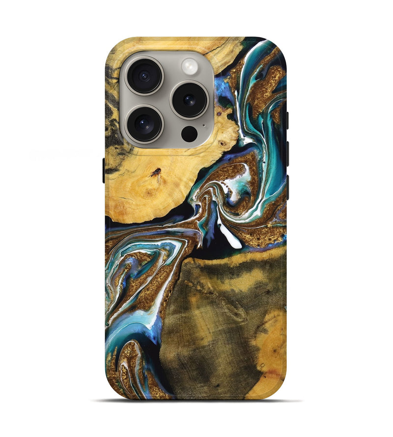 iPhone 16 Pro Wood+Resin Live Edge Phone Case - Kade (Teal & Gold, 720756)