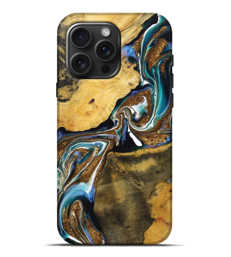 iPhone 16 Pro Max Wood+Resin Live Edge Phone Case - Kade (Teal & Gold, 720756)