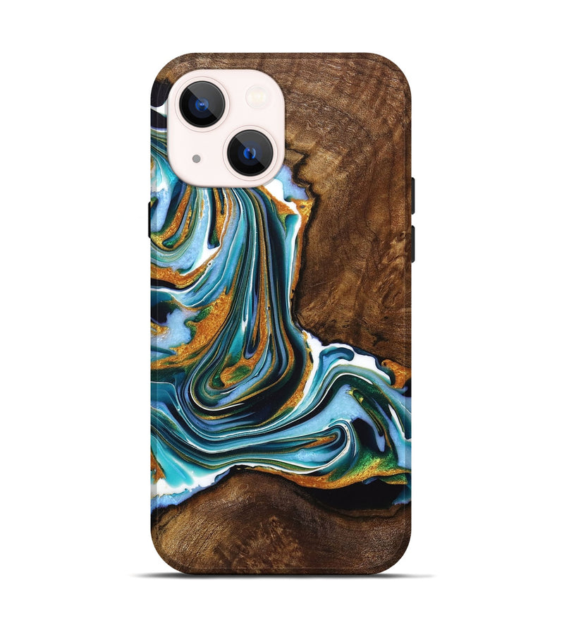 iPhone 14 Wood+Resin Live Edge Phone Case - Rihanna (Teal & Gold, 720760)