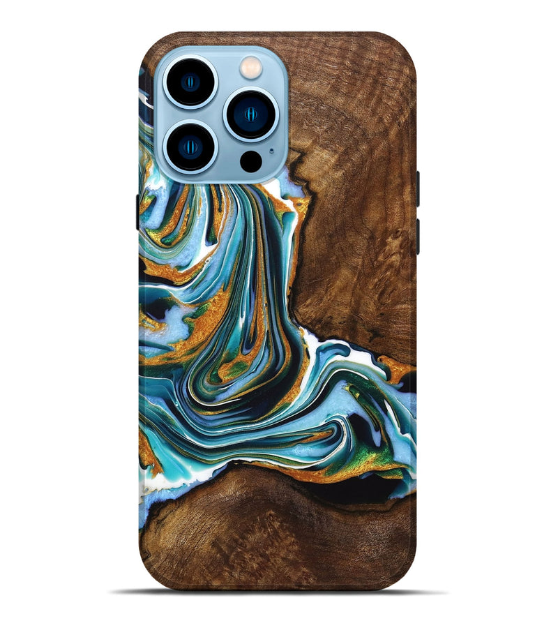 iPhone 14 Pro Max Wood+Resin Live Edge Phone Case - Rihanna (Teal & Gold, 720760)