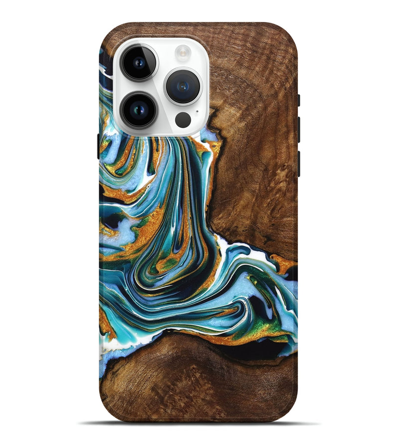 iPhone 15 Pro Max Wood+Resin Live Edge Phone Case - Rihanna (Teal & Gold, 720760)