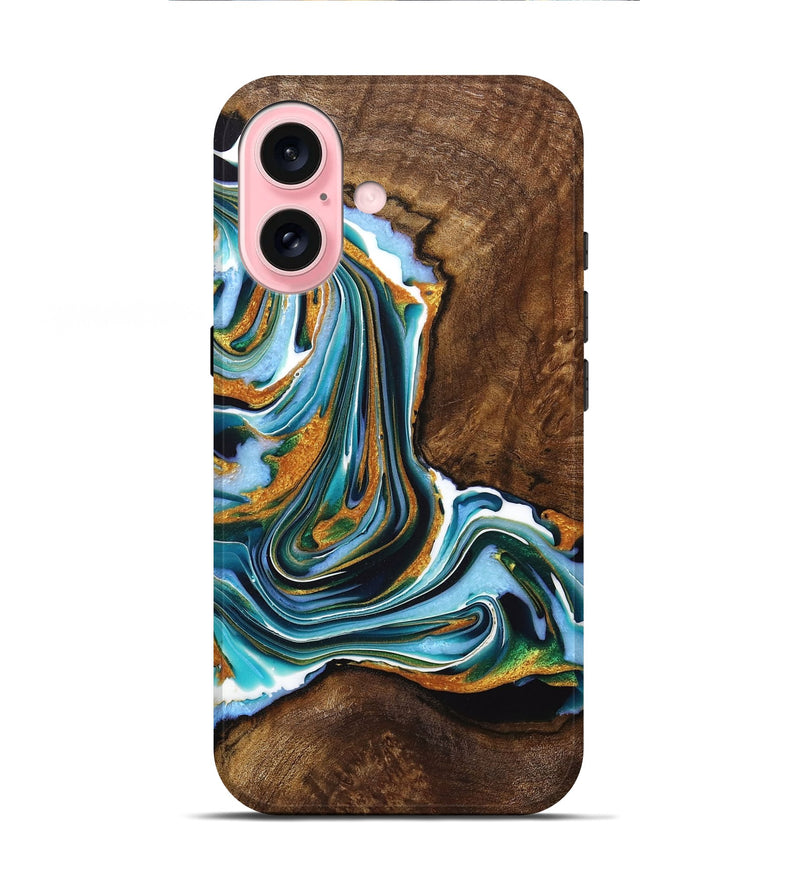 iPhone 16 Wood+Resin Live Edge Phone Case - Rihanna (Teal & Gold, 720760)