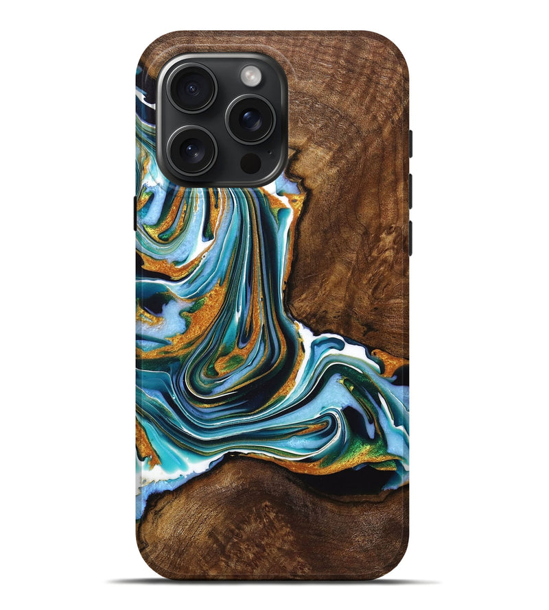 iPhone 16 Pro Max Wood+Resin Live Edge Phone Case - Rihanna (Teal & Gold, 720760)