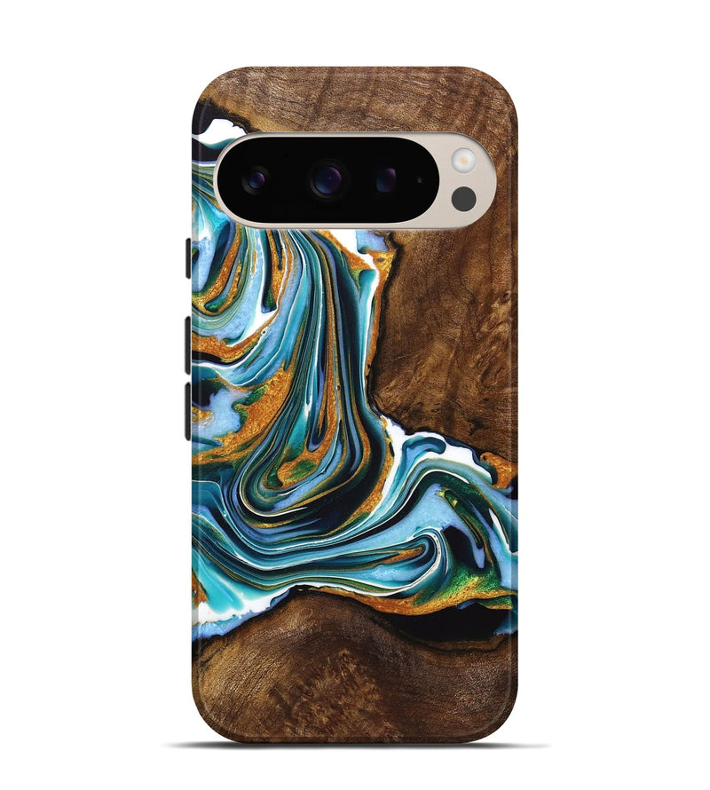 Pixel 9 Wood+Resin Live Edge Phone Case - Rihanna (Teal & Gold, 720760)